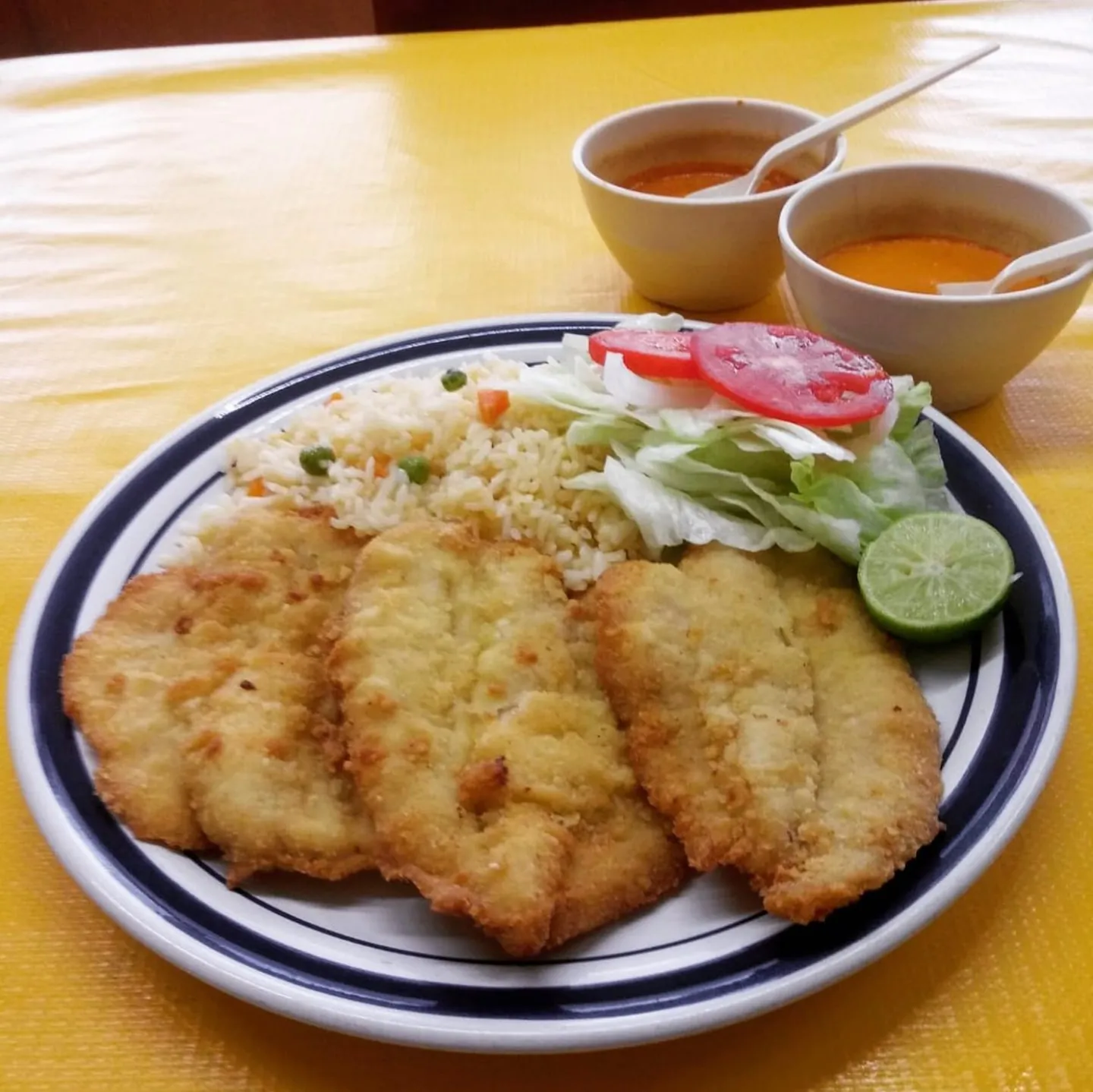 Filetes de pescado empanizados con arroz, ensalada y limón
